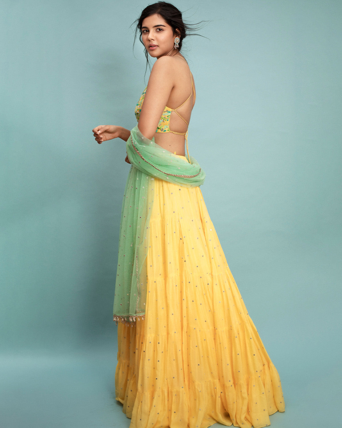 Yellow Georgette Tiered Skirt and Halter Top Set | Chamee and