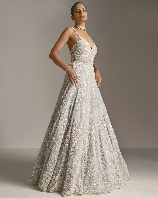 Ice Blue Pearl Gown by Seema Gujral