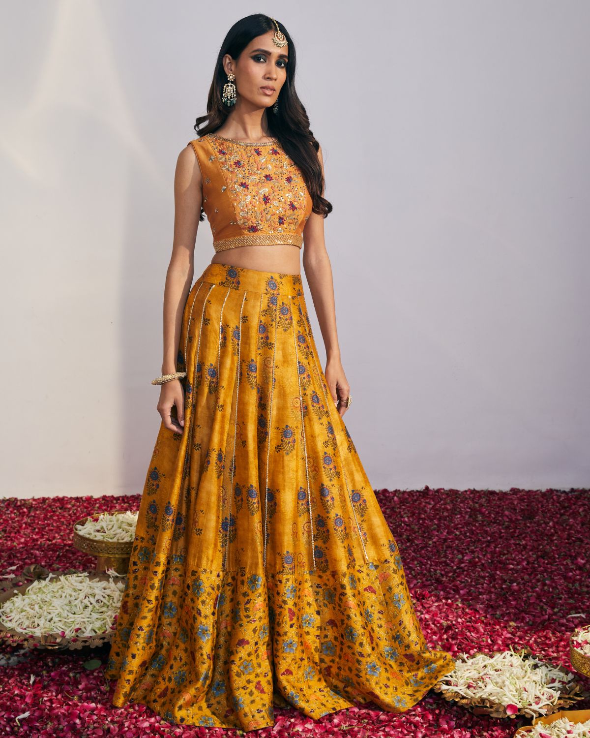 Mustard Printed Kalidar Lehenga Set by Drishti & Zahabia