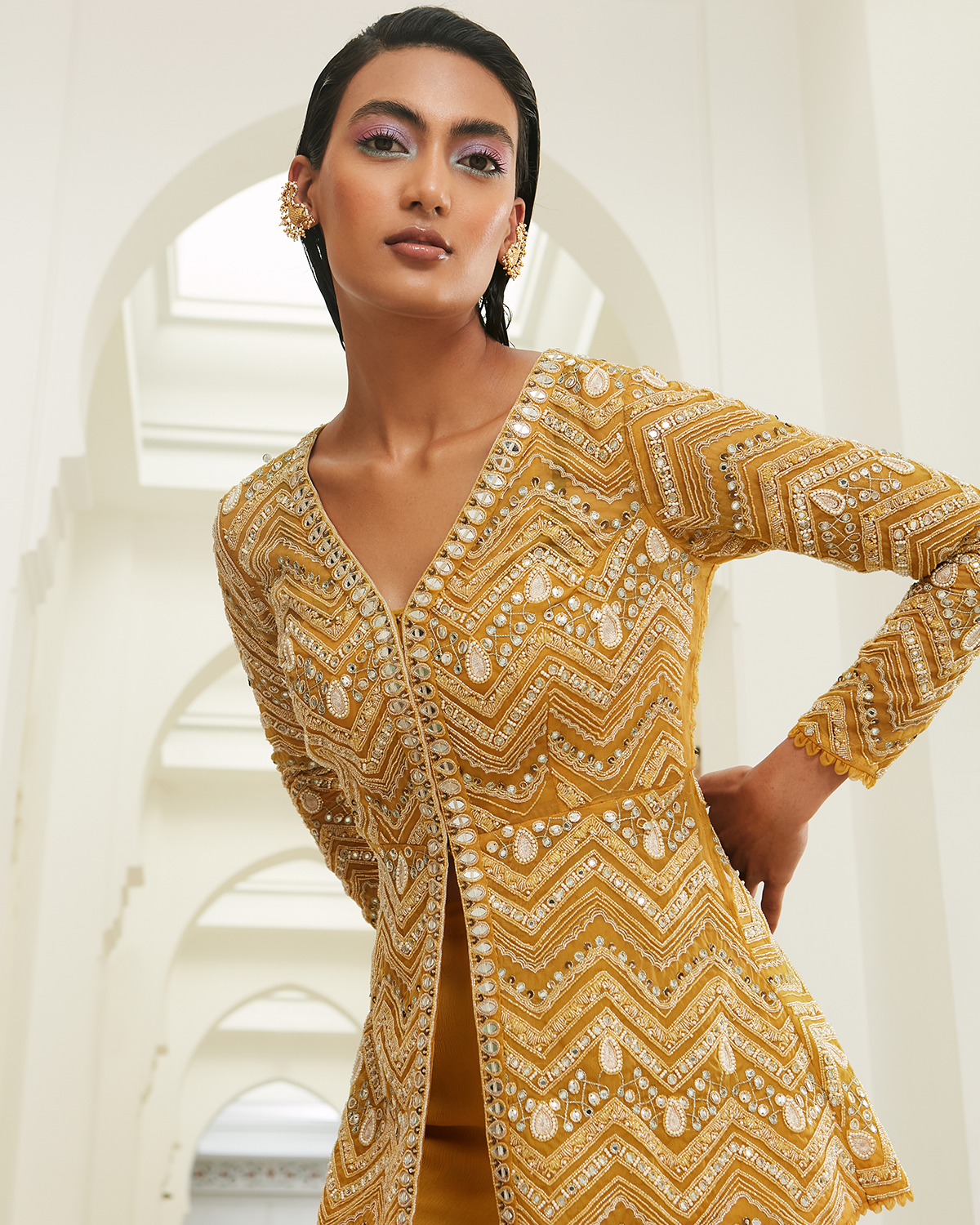 Sunrise Yellow Chevron Embroidered Jacket Set