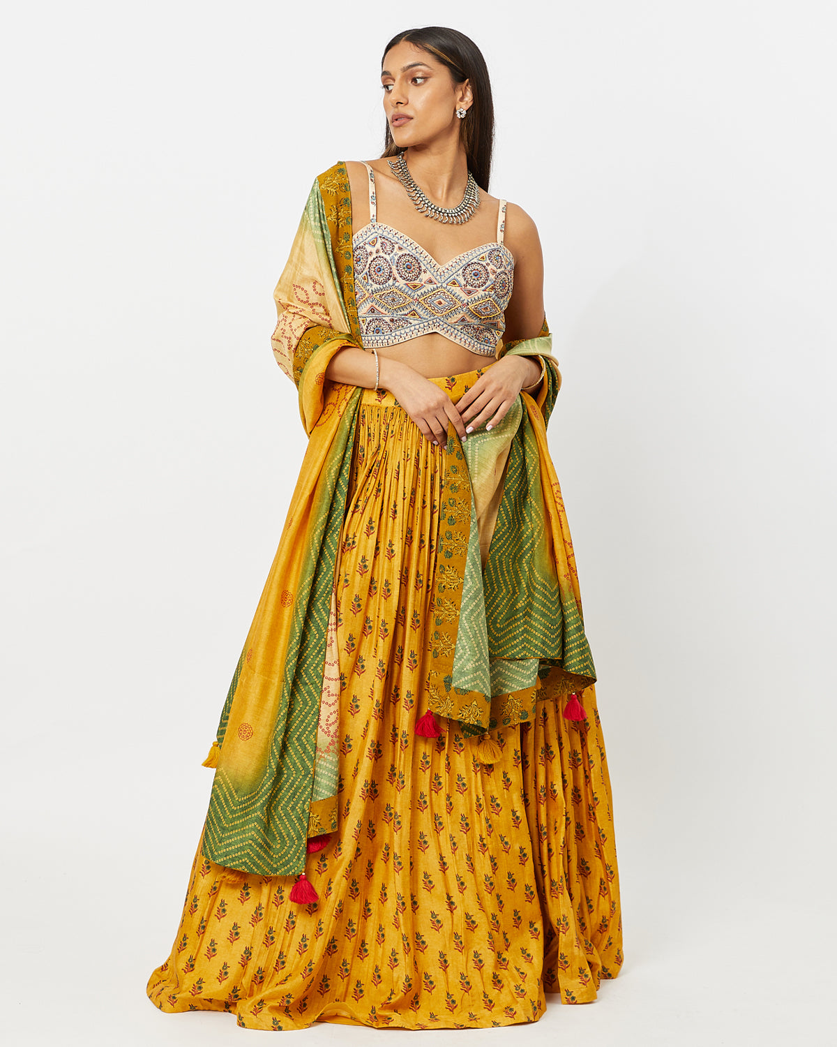 Mustard Bandhani Embroidered Bustier & Gathering Skirt Set