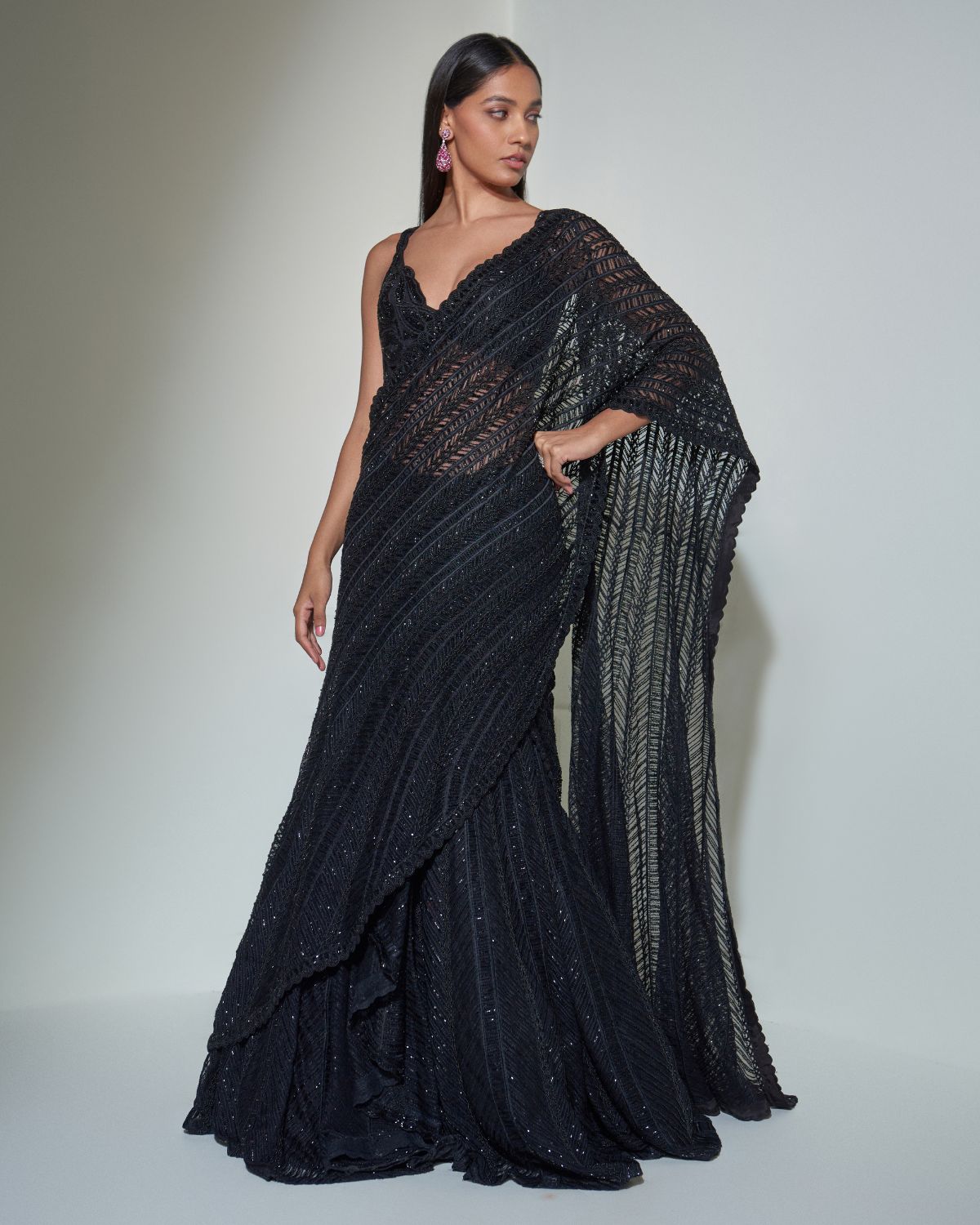 Black Ruffle Sari with Bustier Beaded Blouse – KYNAH