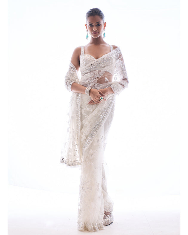Ivory Applique Net Sari