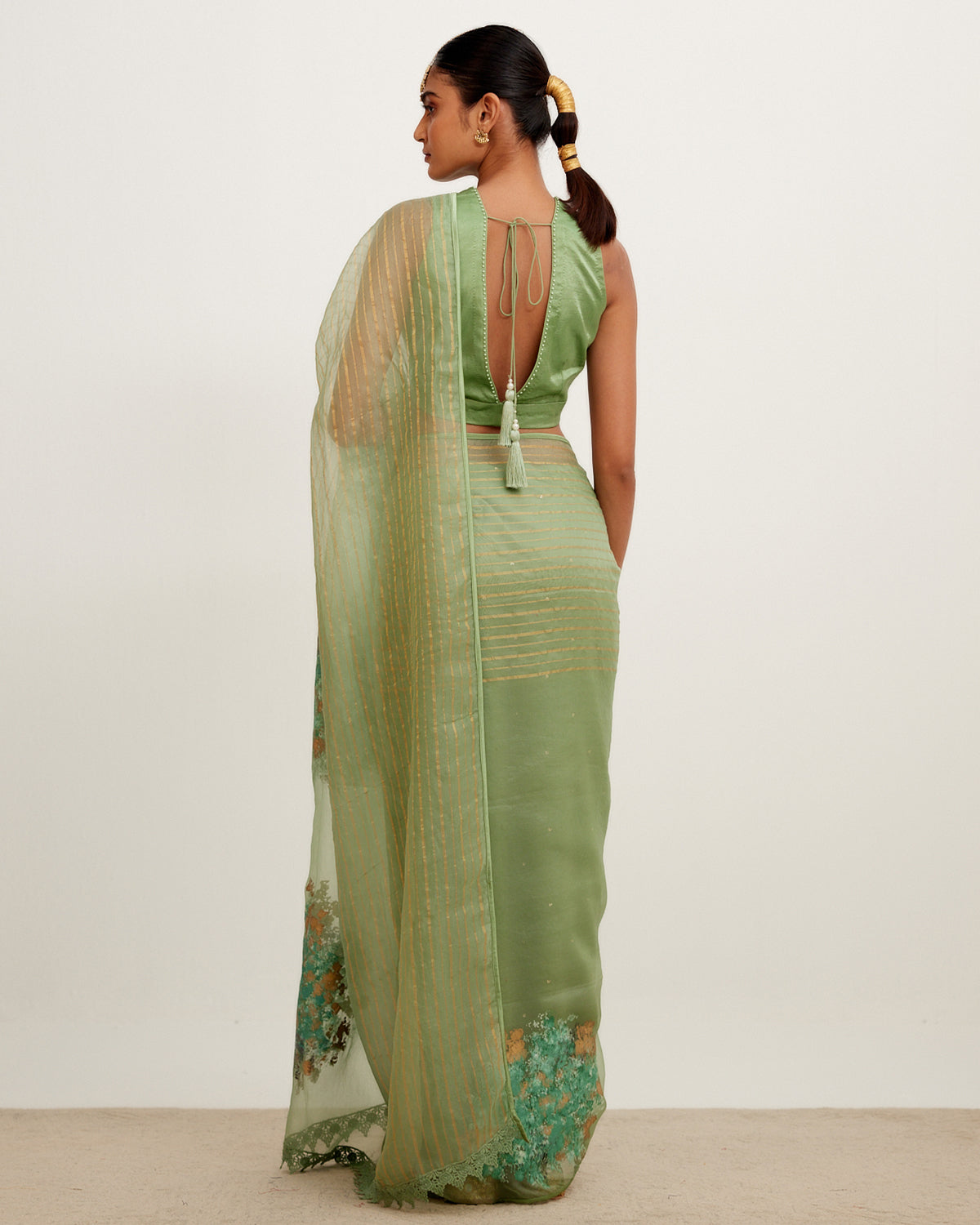 Sage Green Hand-Painted Organza Sari