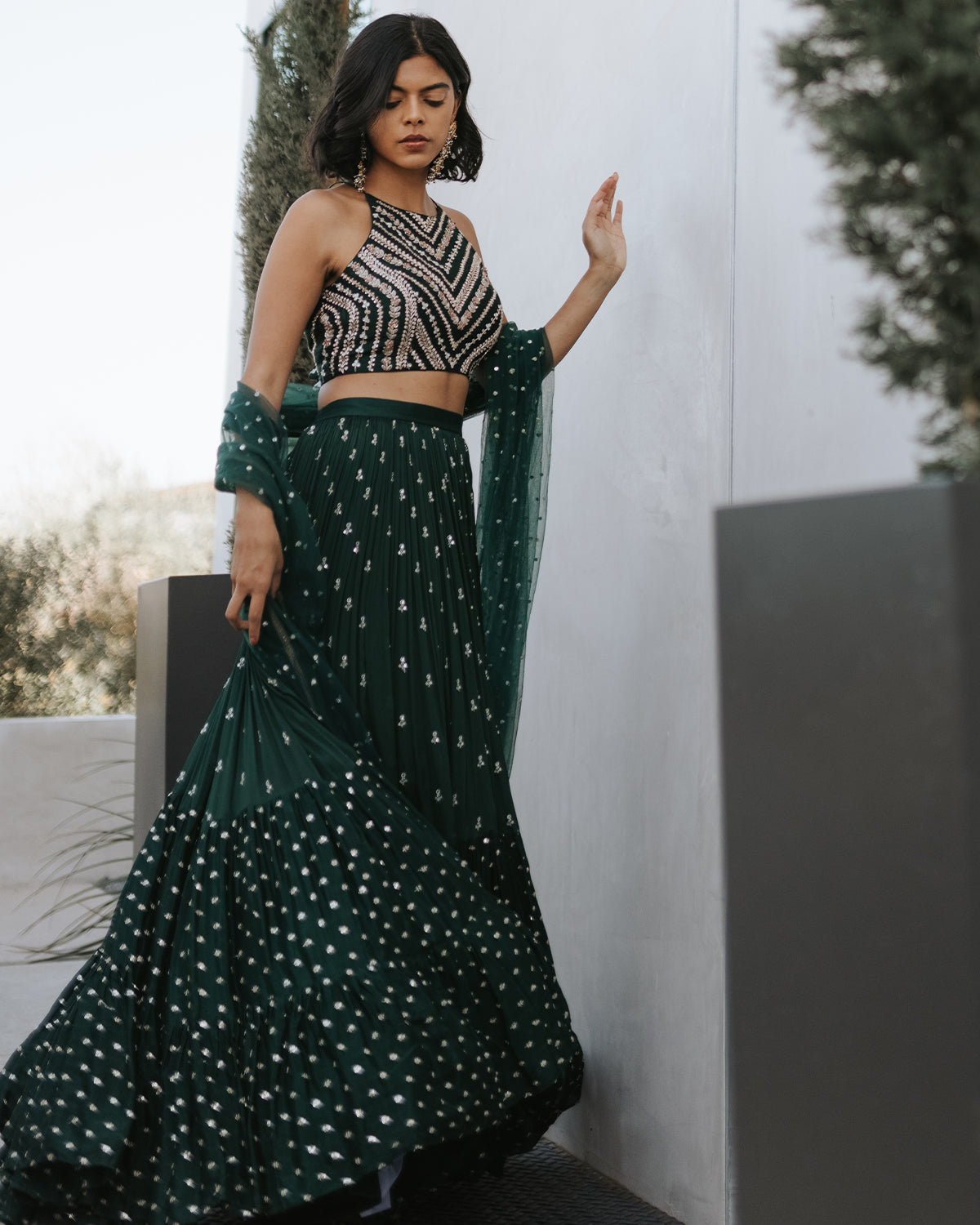 Myaara Forest Green Cotton Lurex Lehenga Set with Lace details