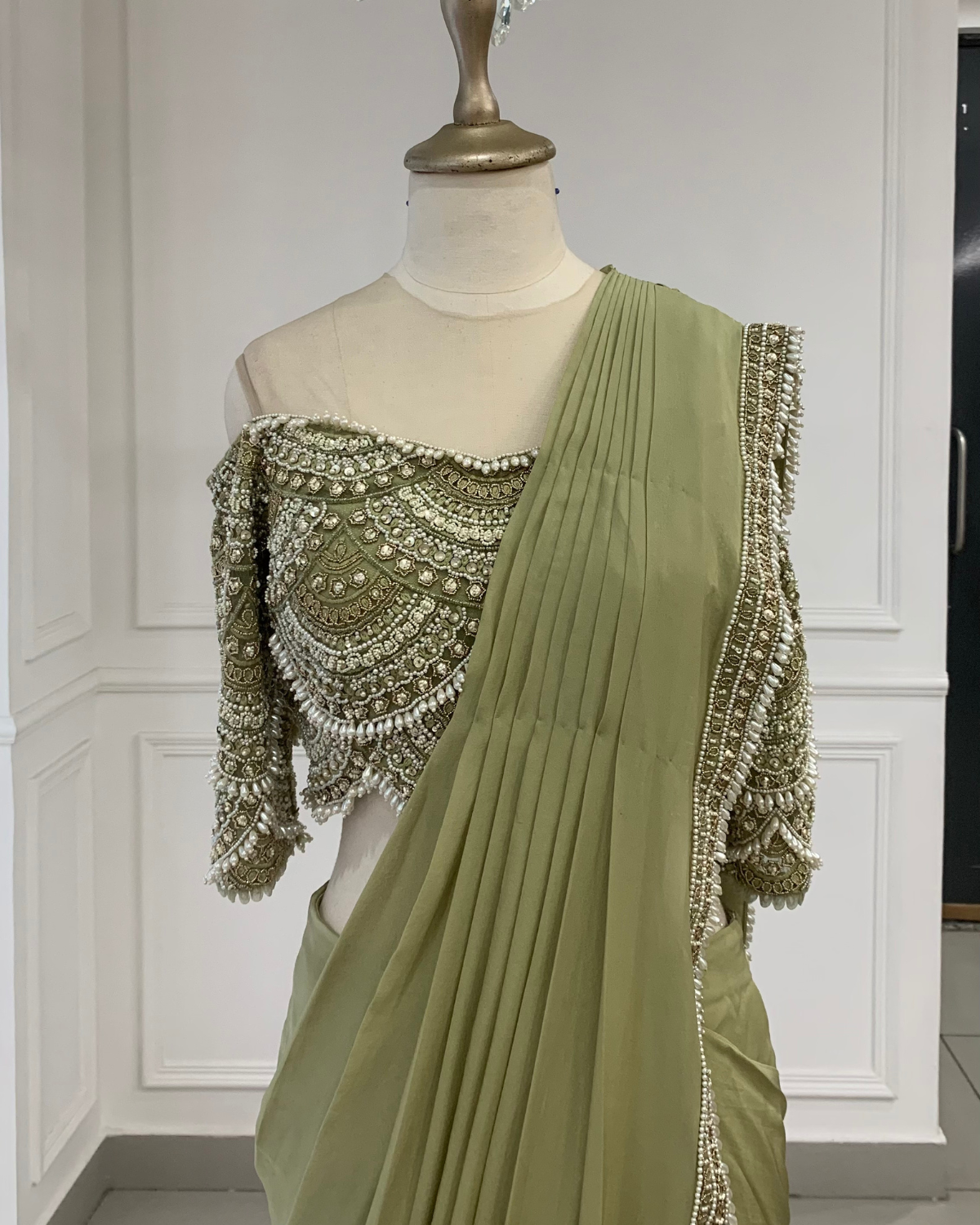 Green Chiffon & Tulle Pre Draped Sari Set