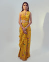 Yellow Floral Print Pre-Draped Sari Set by Drishti & Zahabia
