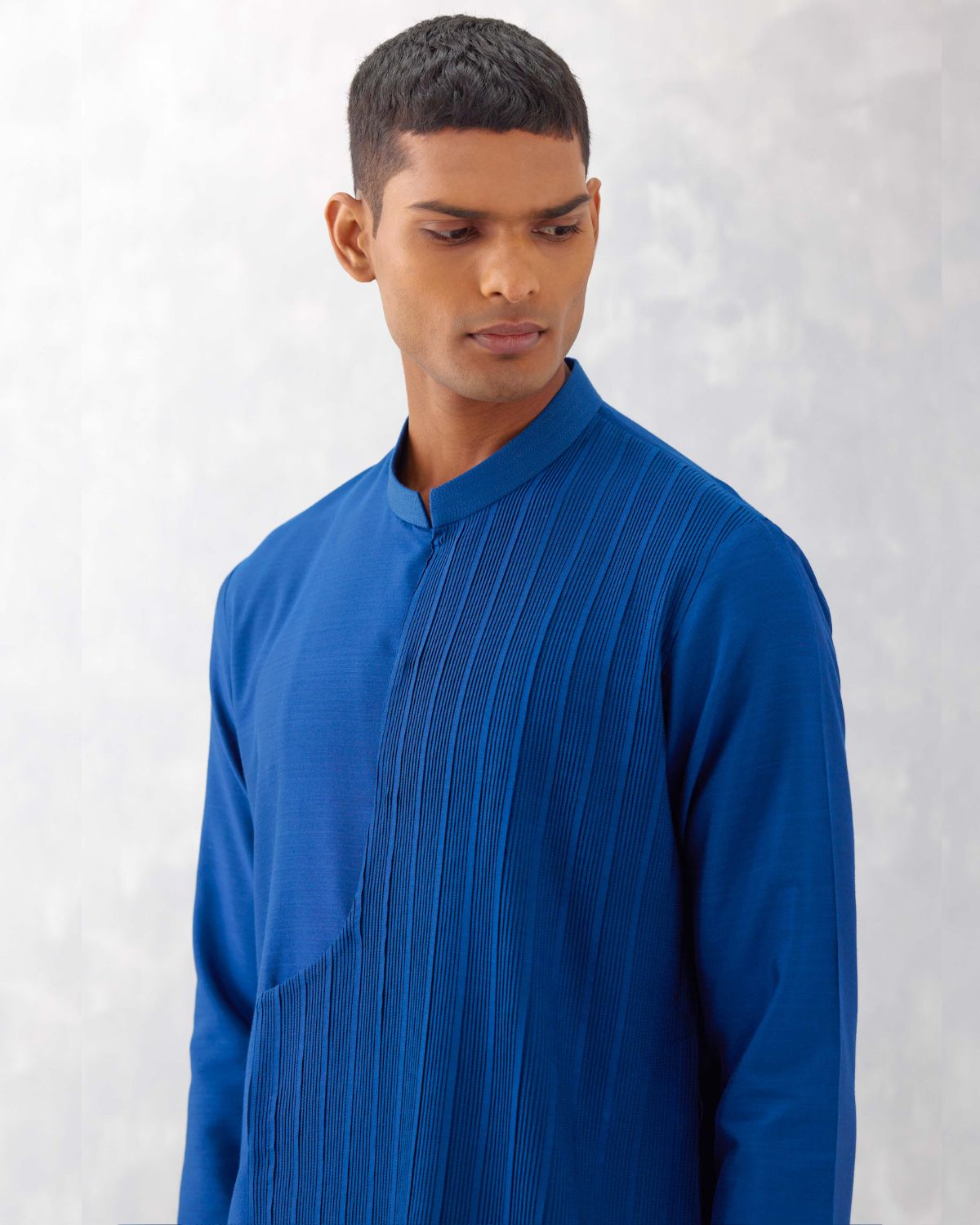 Blue Cotton Silk Blend Pin Tucks Kurta Set | Devnaagri