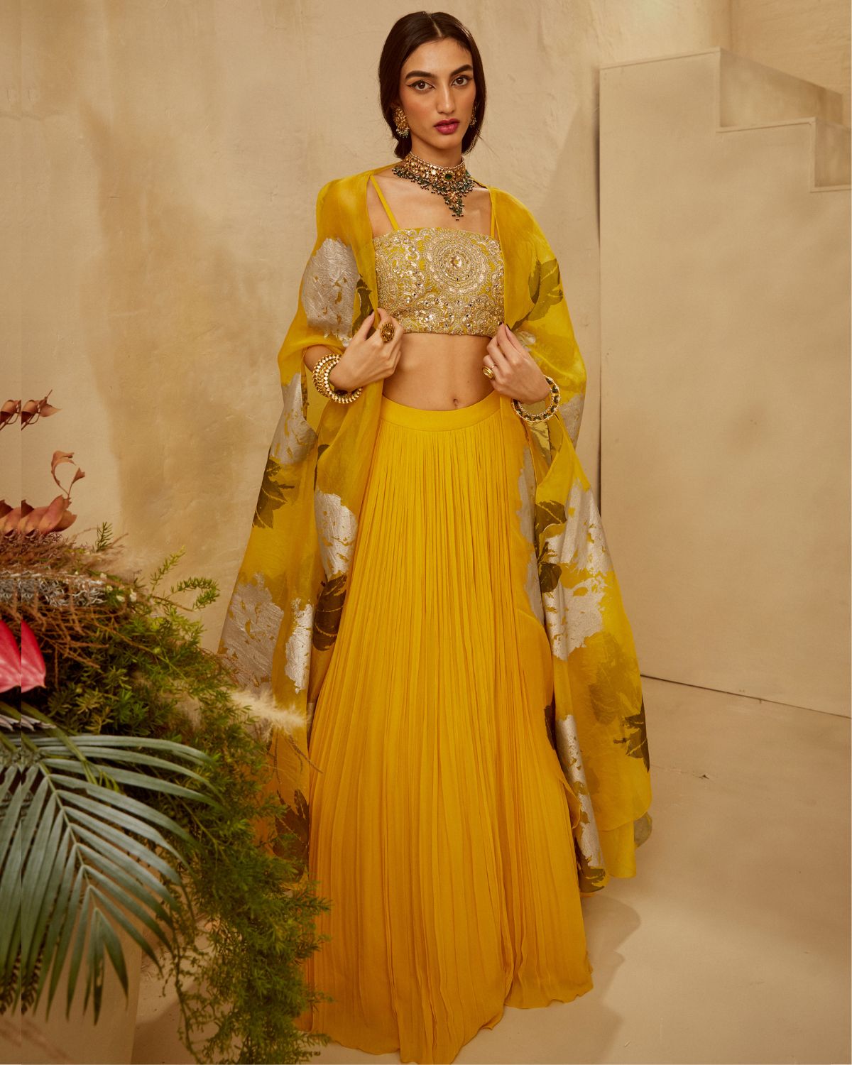 Yellow Organza Cape And Lehenga Set by  Bhumika Sharma