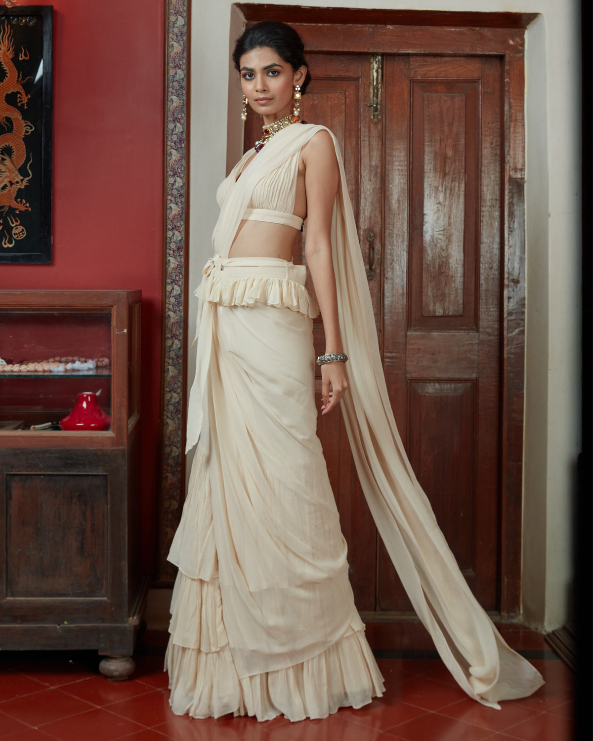 Cream Pleated Blouse & Tiered Sari Set