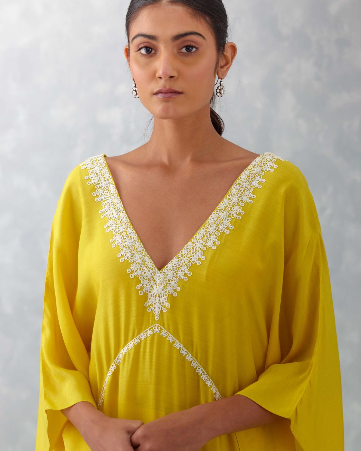Yellow Embroidered Muslin Kaftan Set by Devnaagri