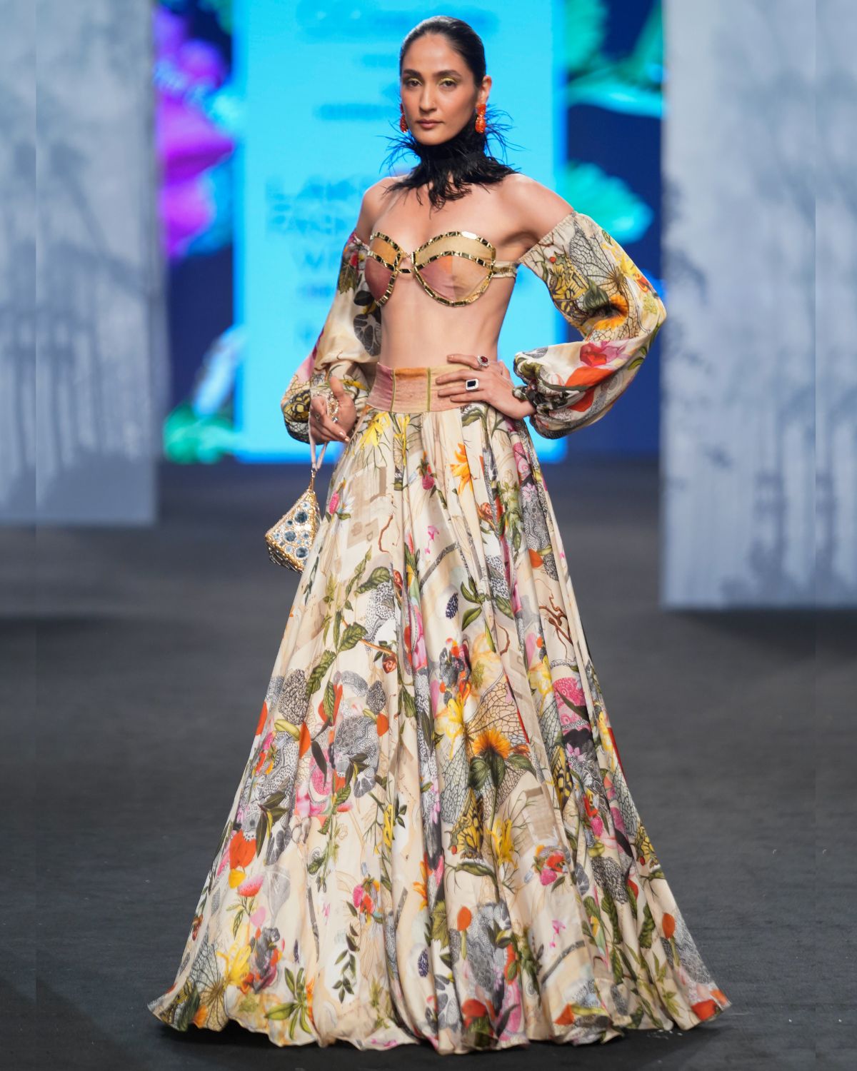 Ivory Satin Organza Printed Lehenga Set by Mahima Mahajan