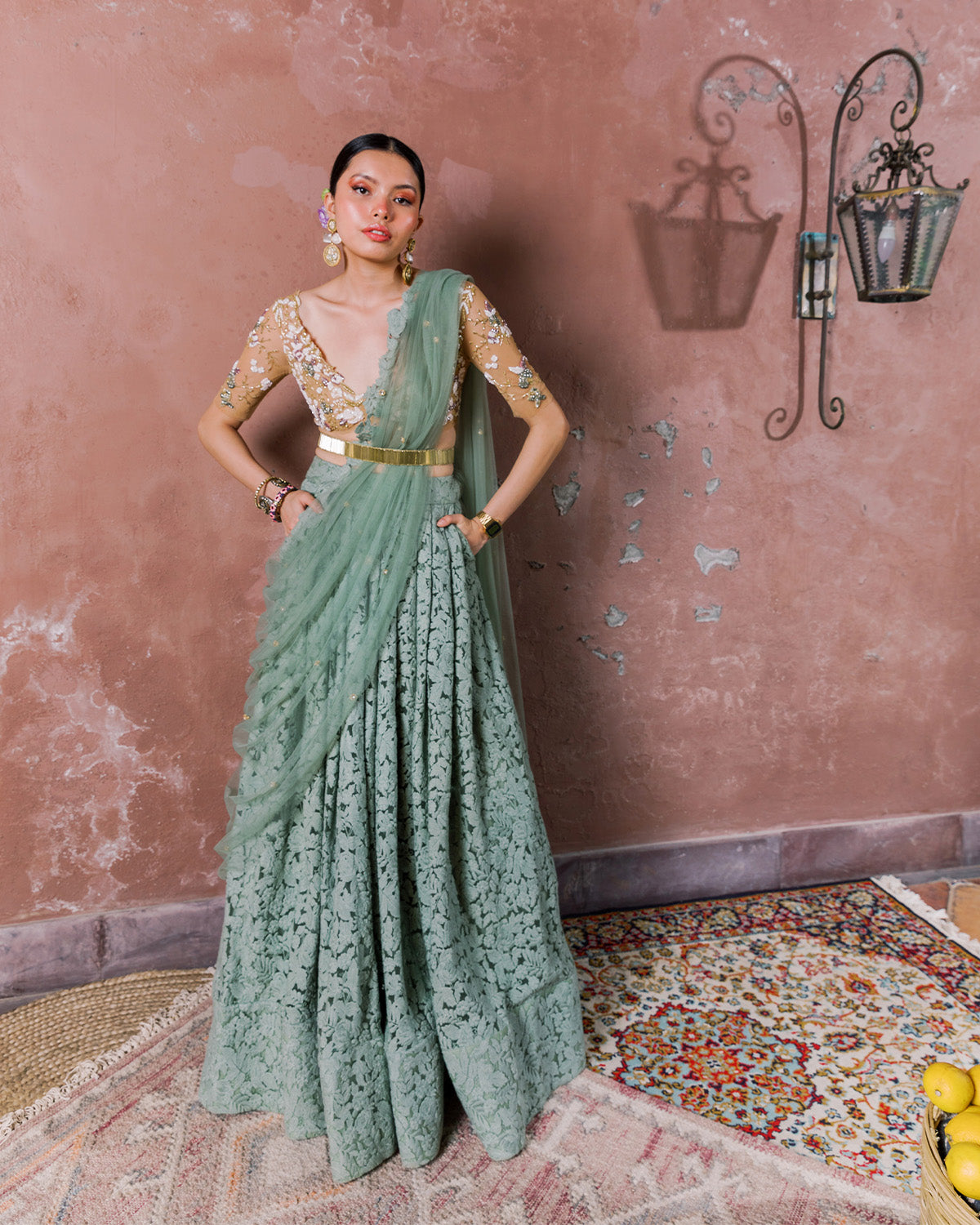Vintage Sage Mint Floral Lehenga Dupatta & Belt by The Little Black Bow