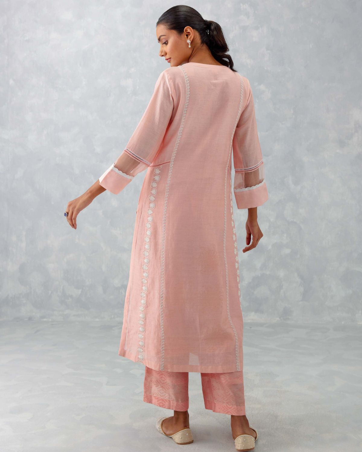 Blush Pink Embroidered Chanderi Kurta Set by Devnaagri