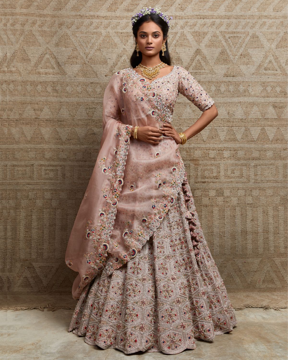 Pink Floral Embroidered Silk Lehenga Set by Prisho