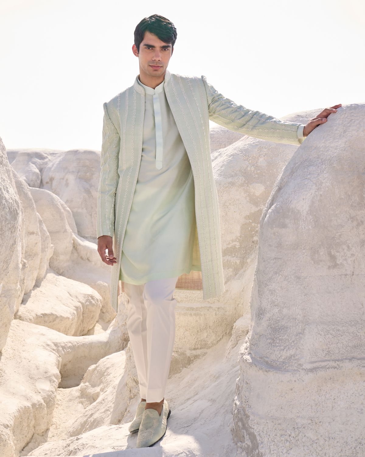 Sea Green Pearl Open Sherwani Set