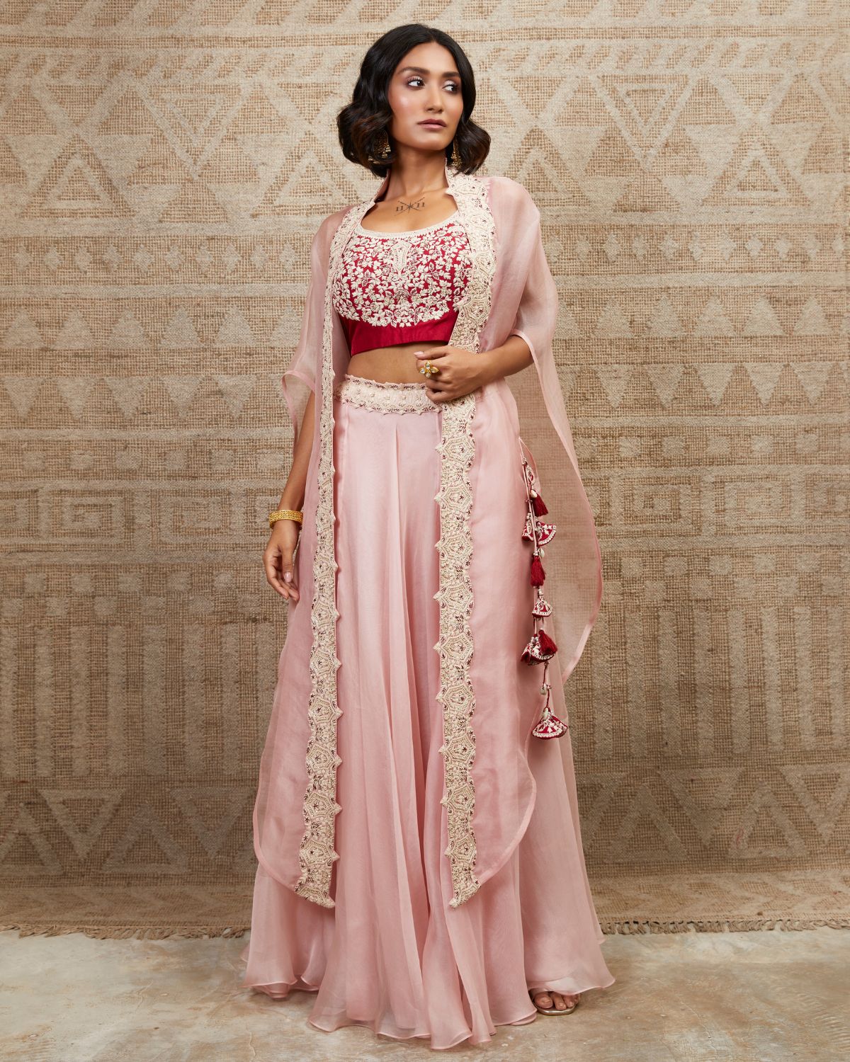 Pink Organza Embroidered Cape And Skirt Set by Prisho