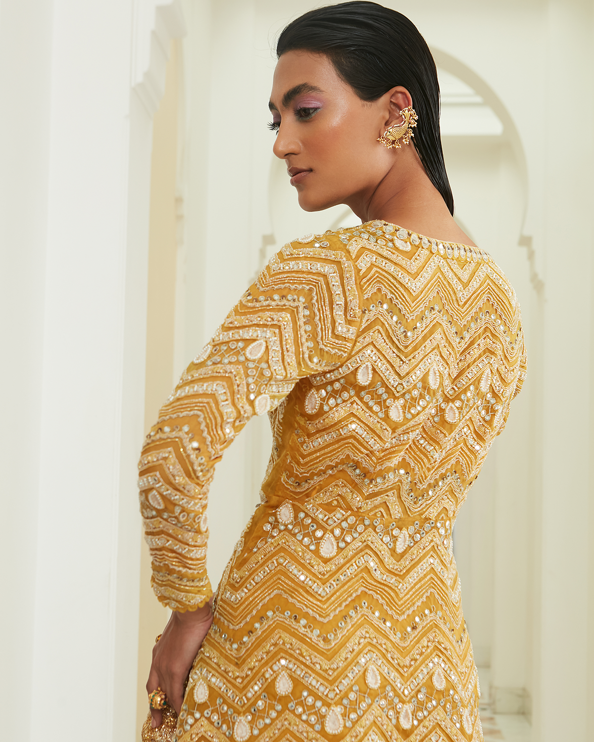 Sunrise Yellow Chevron Embroidered Jacket Set
