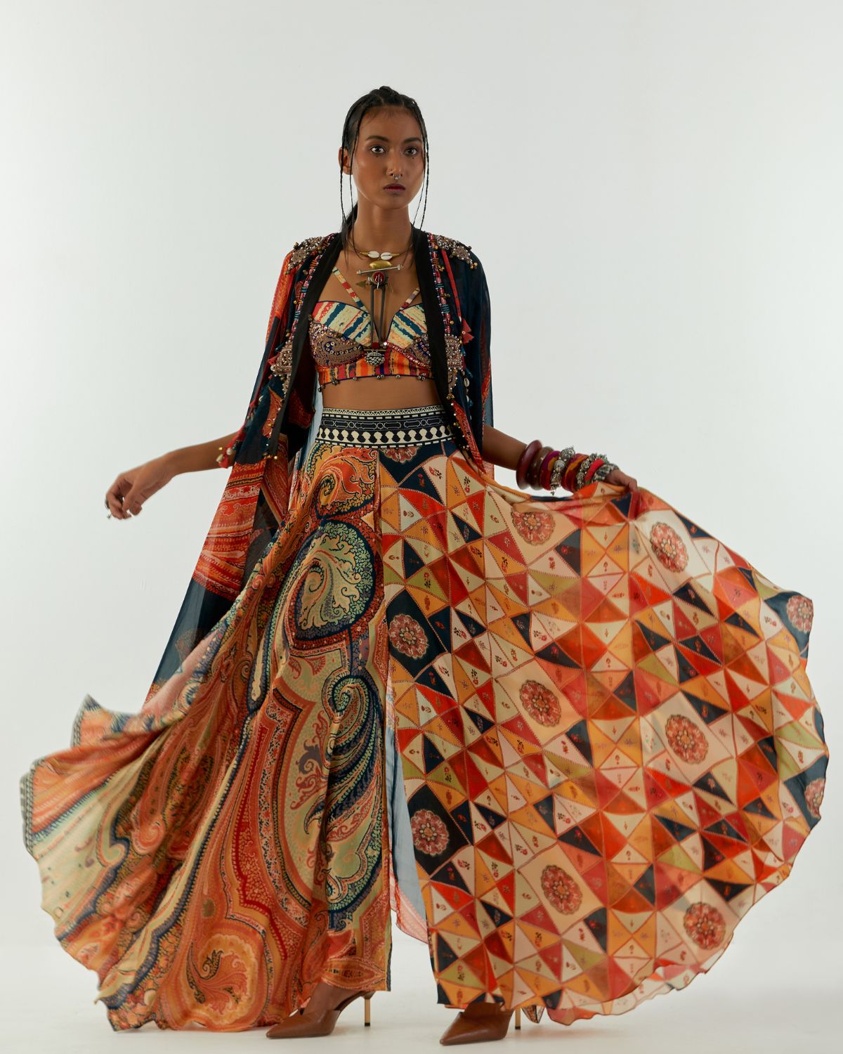 Multi-Colored Crepe Printed Skirt Set