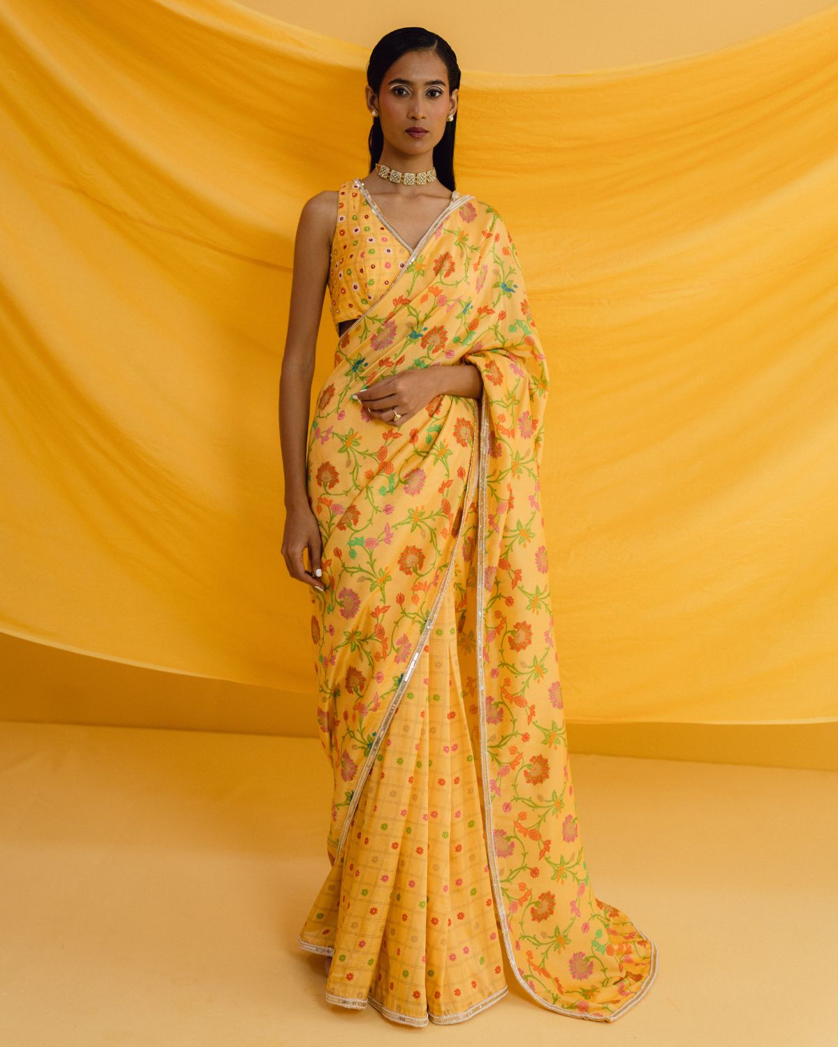 Yellow Crepe Floral Print Sari With Blouse by Drishti & Zahabia