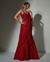 Ruby Red Embroidered Lehenga Sari Set by Ritika Mirchandani
