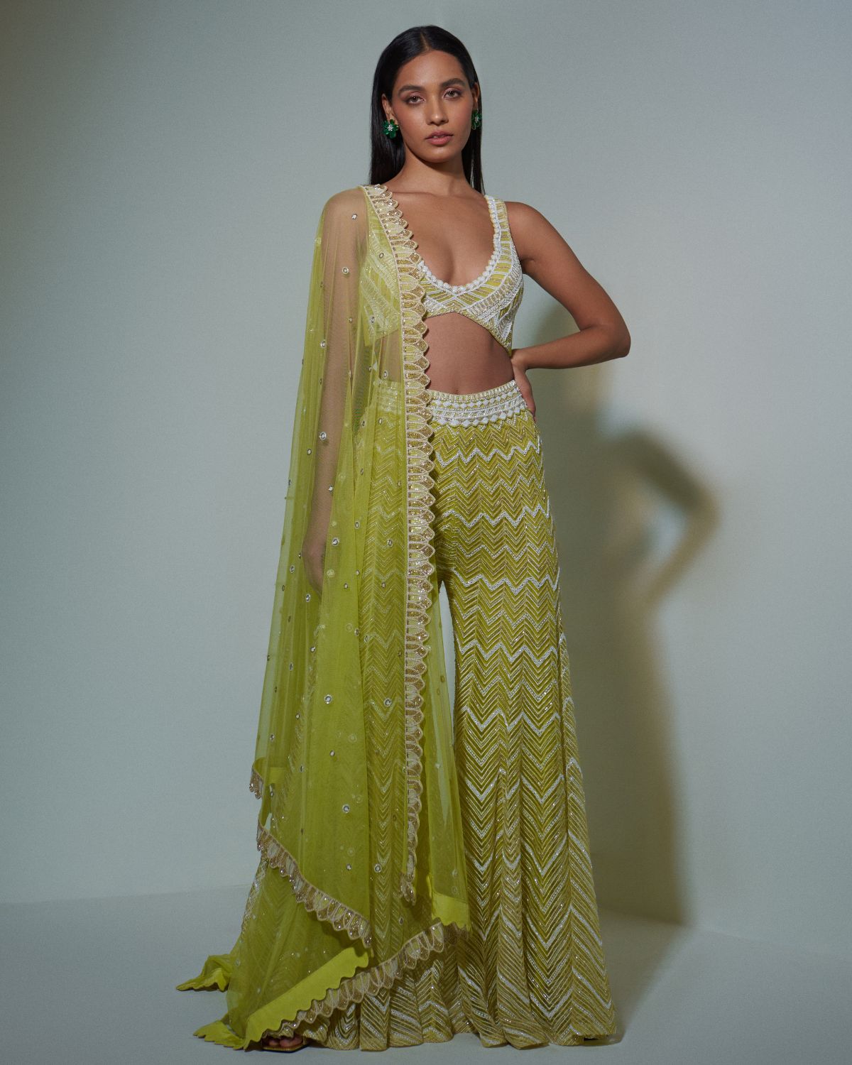 Lime Green Embroidered Bustier Top And Sharara Set With Dupatta by Ritika Mirchandani