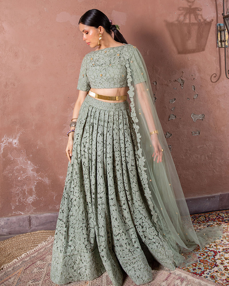 Sage Floral Lehenga With Belt by The Little Black Bow