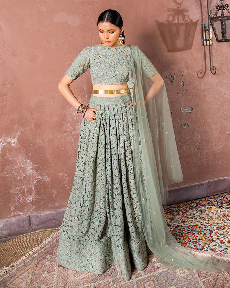 Sage Floral Lehenga With Belt by The Little Black Bow