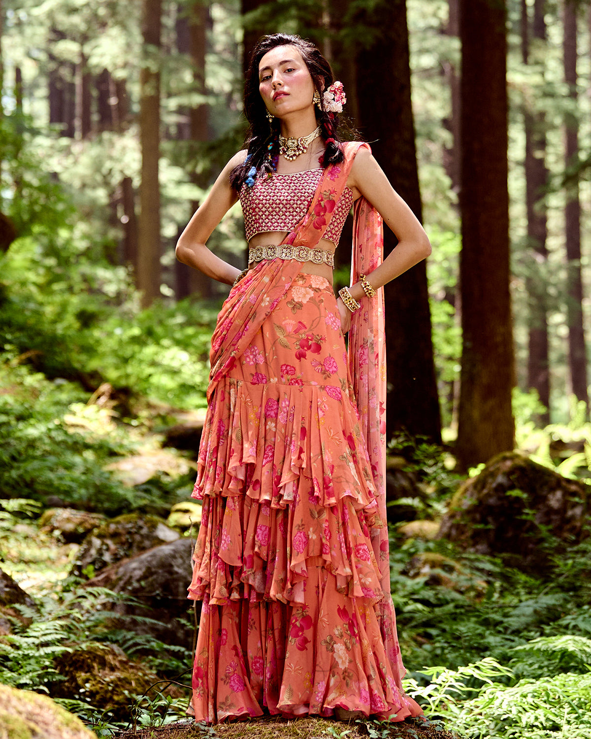 Sherbet Orange Jungle Print Pre-Draped Sari Set