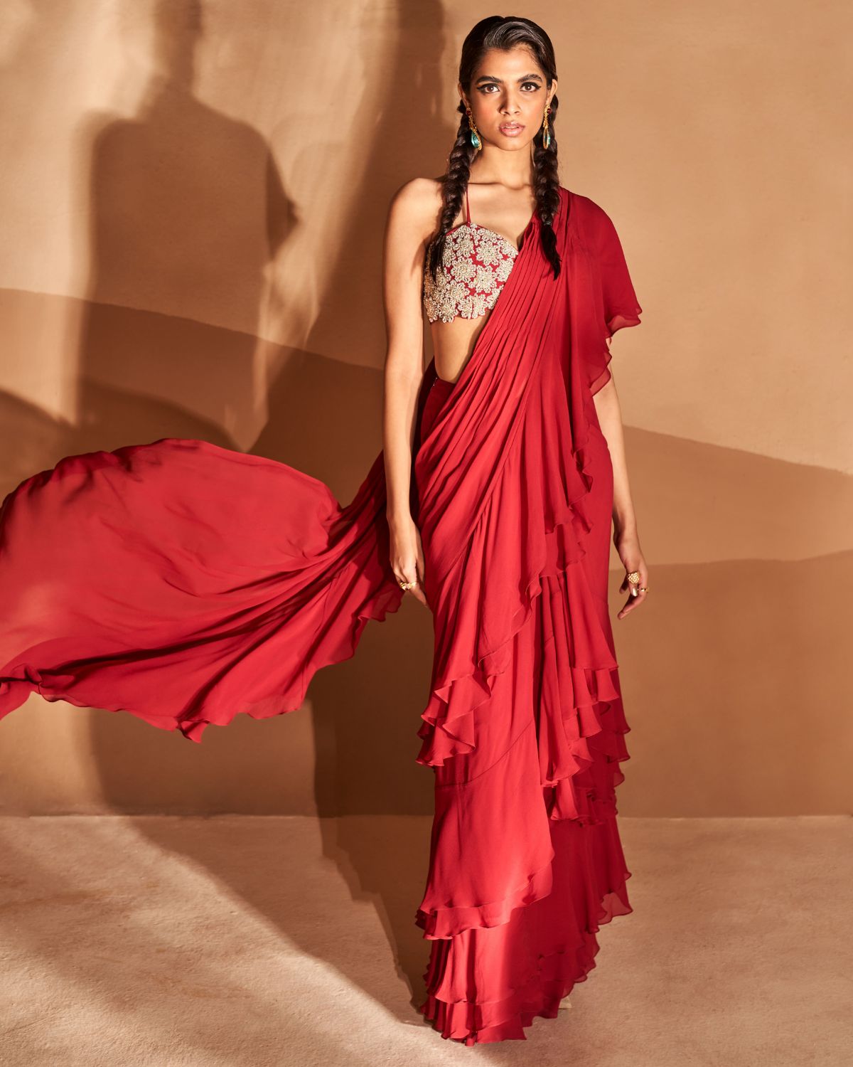 Red Layered Ruffle Sari Set