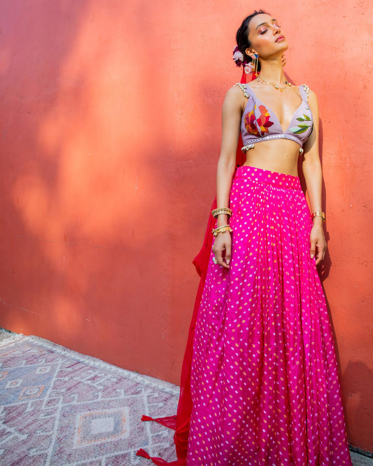 Vintage Pink Bandhini With Red Flowers by The Little Black Bow