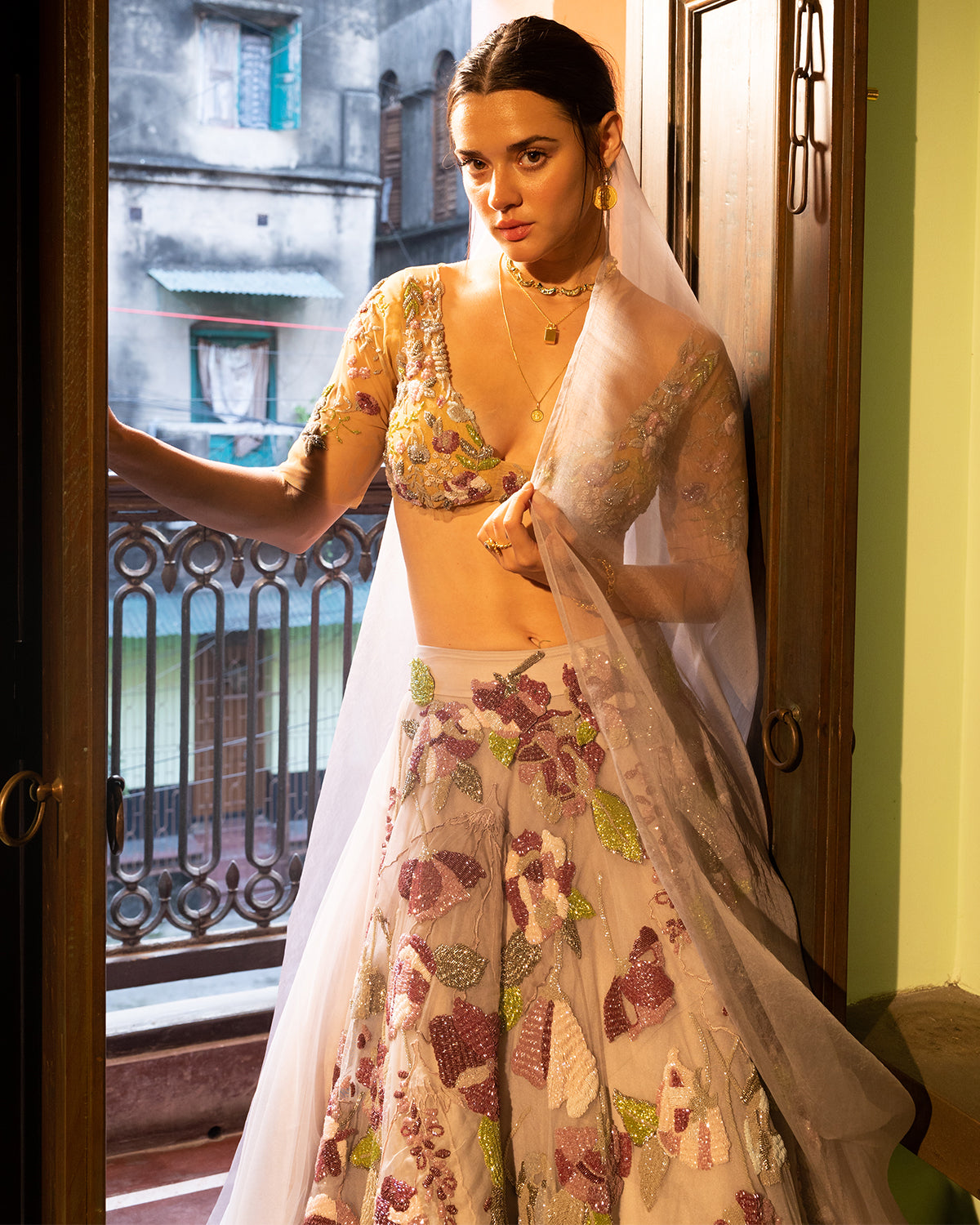 Floral organza lehenga with crop top - set of two by The Anarkali Shop