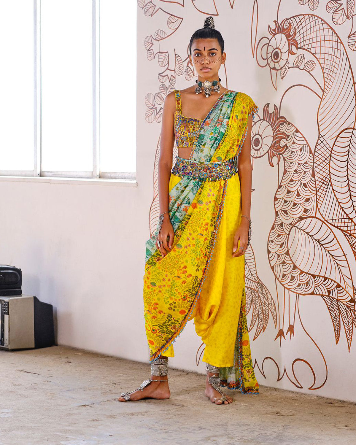 Yellow and Aqua Sari Set by Sonam Luthria