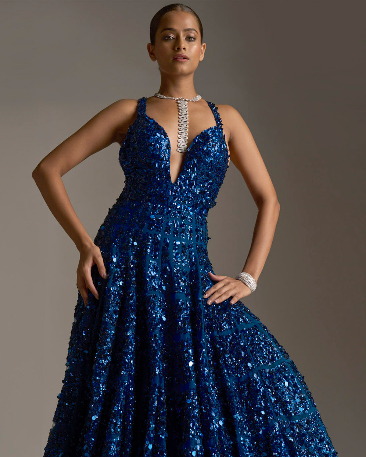 Royal Blue Sequins V-Neck Lace-Up Mermaid Long Prom Dress – Dreamdressy