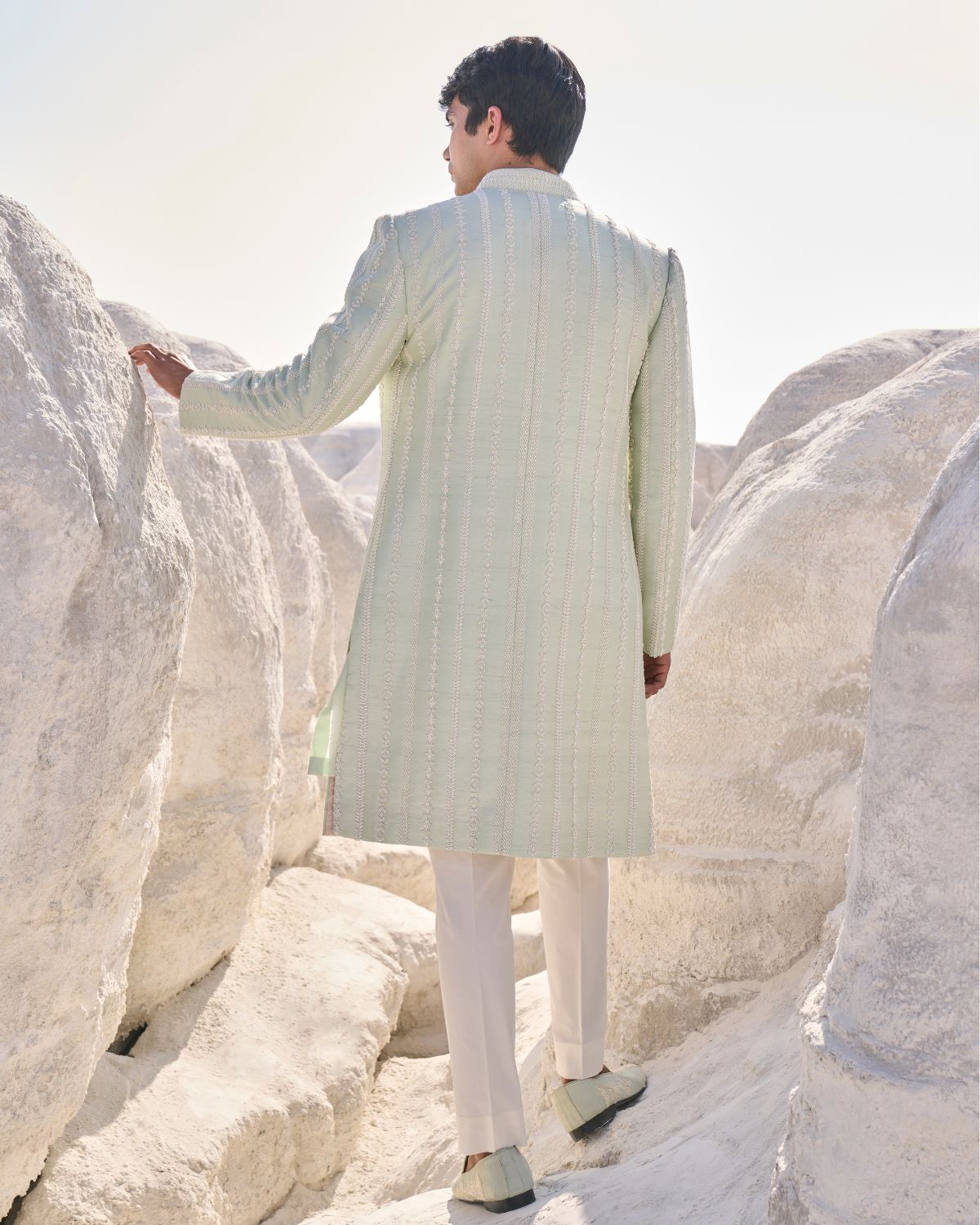 Sea Green Pearl Open Sherwani Set