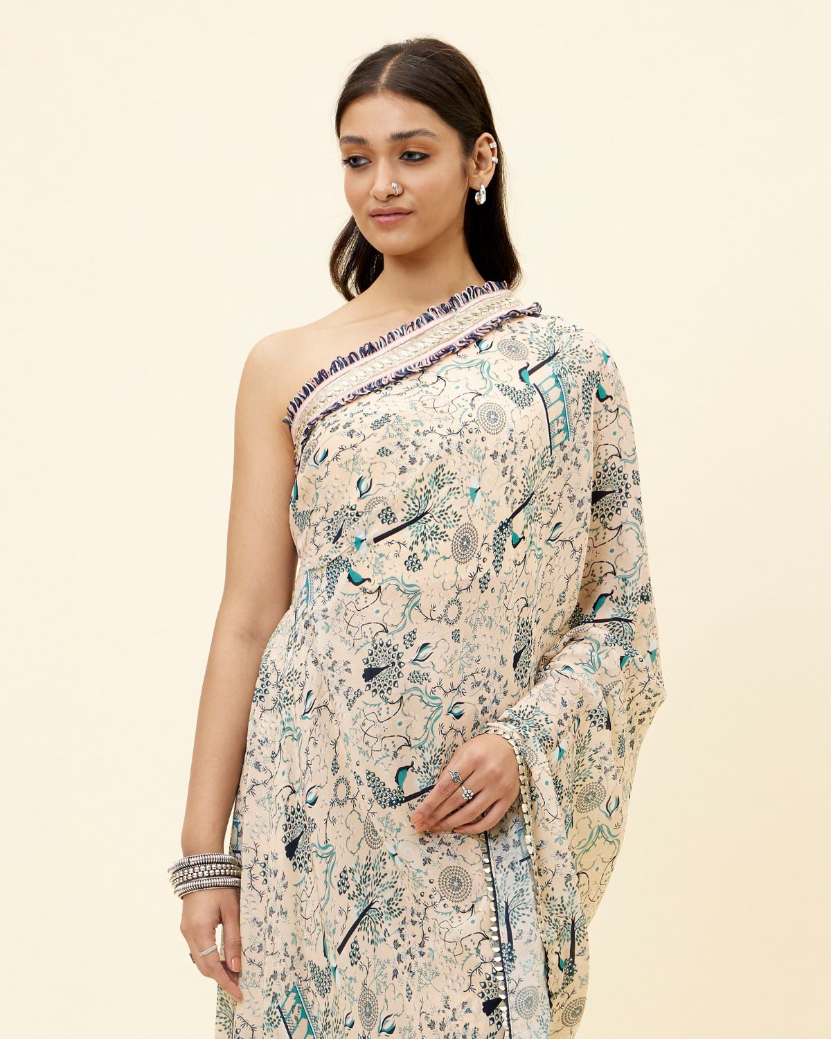 Peacock Print One Shoulder Draped Sari Co-Ord