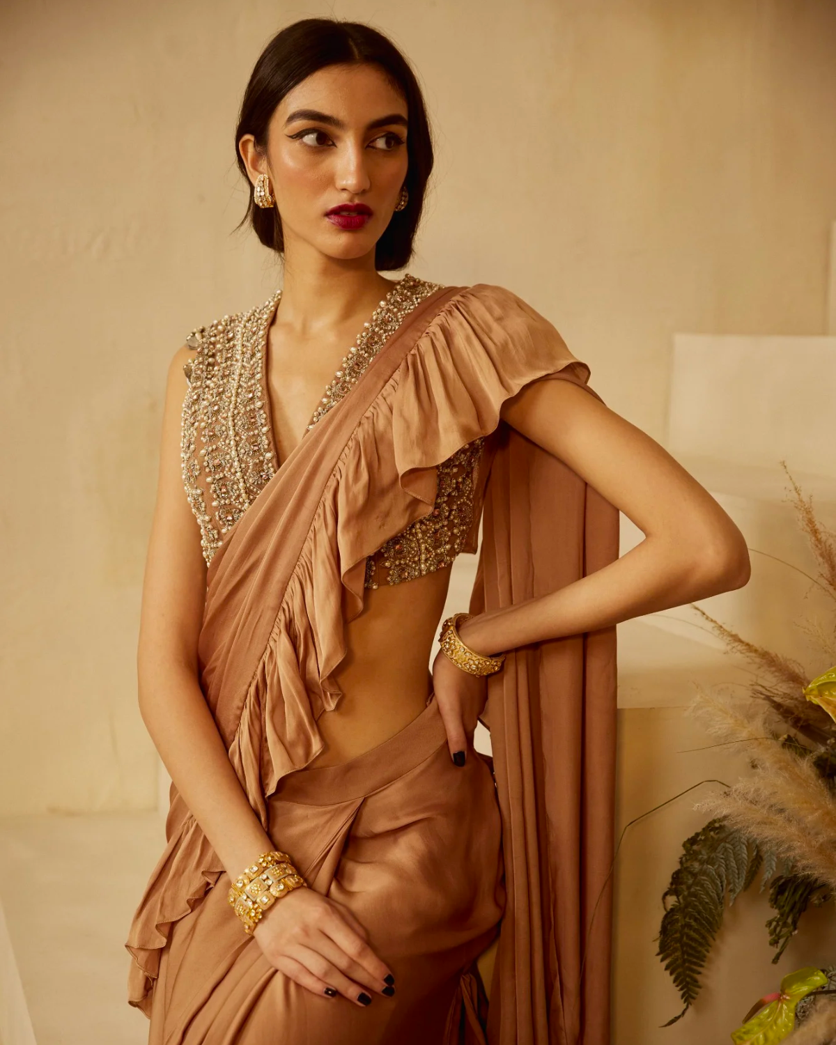 1200px x 1500px - Nude Ruffle Sari Set | Bhumika Sharma â€“ KYNAH