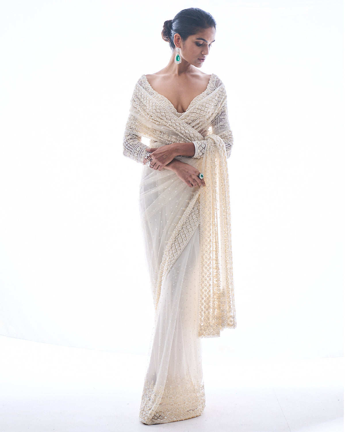 Ivory Sequin Sari by Seema Gujral