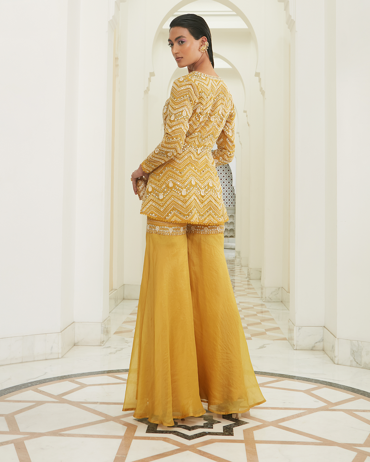 Sunrise Yellow Chevron Embroidered Jacket Set