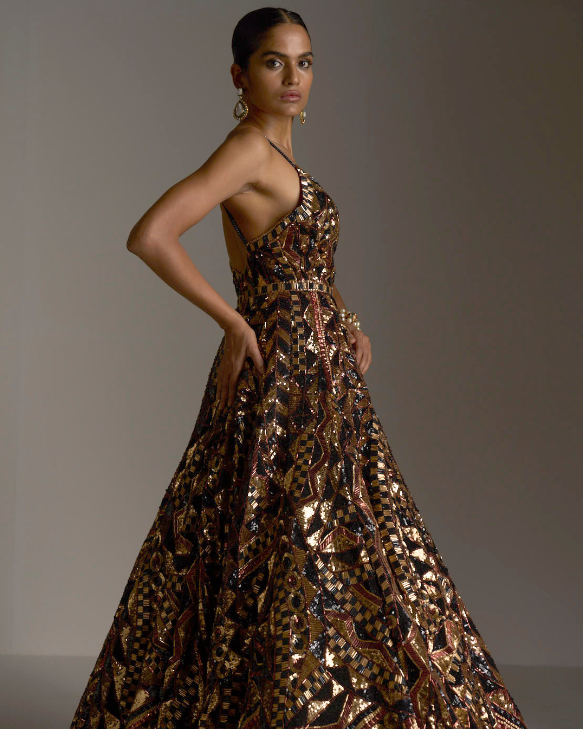 Bronze Sequin Indian Gown Seema Gujral