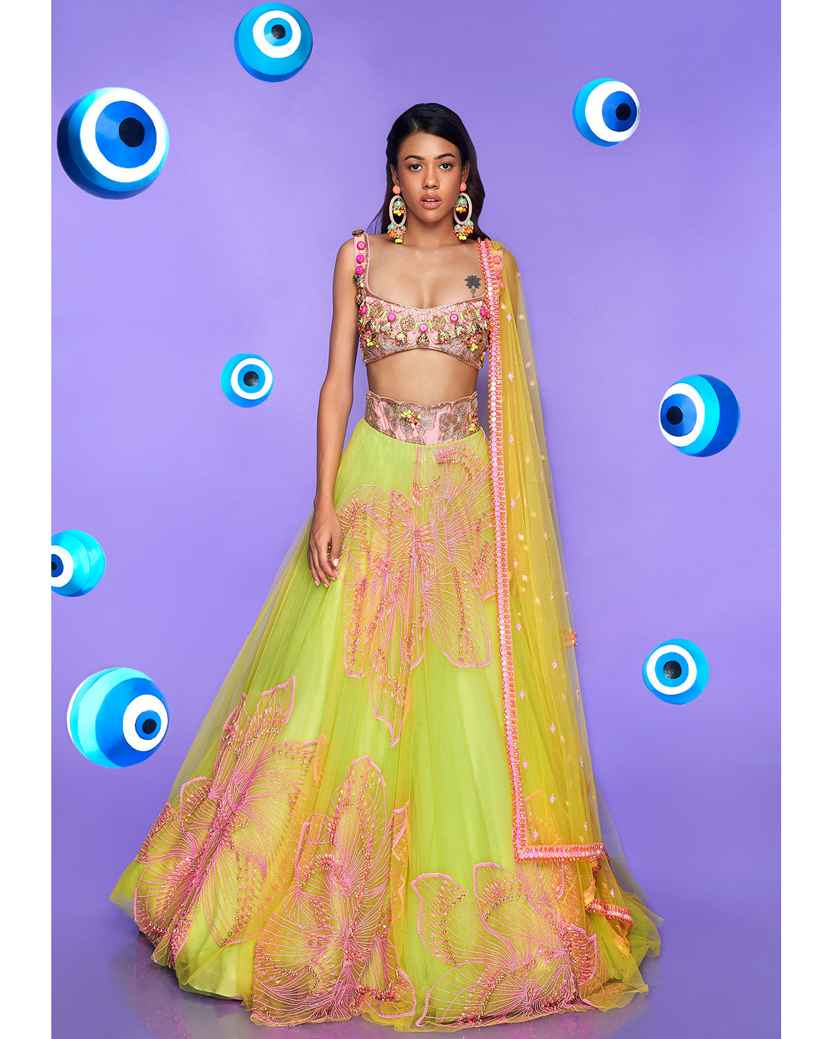 Embellished Lime Lehenga with Blush Pink Bralette Blouse by Papa Don't Preach at KYNAH
