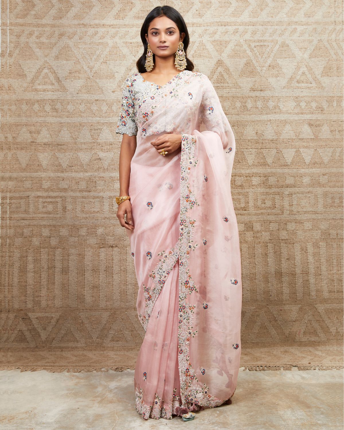 Flamingo Pink Floral Embroidered Sari With Blouse by Prisho at KYNAH.