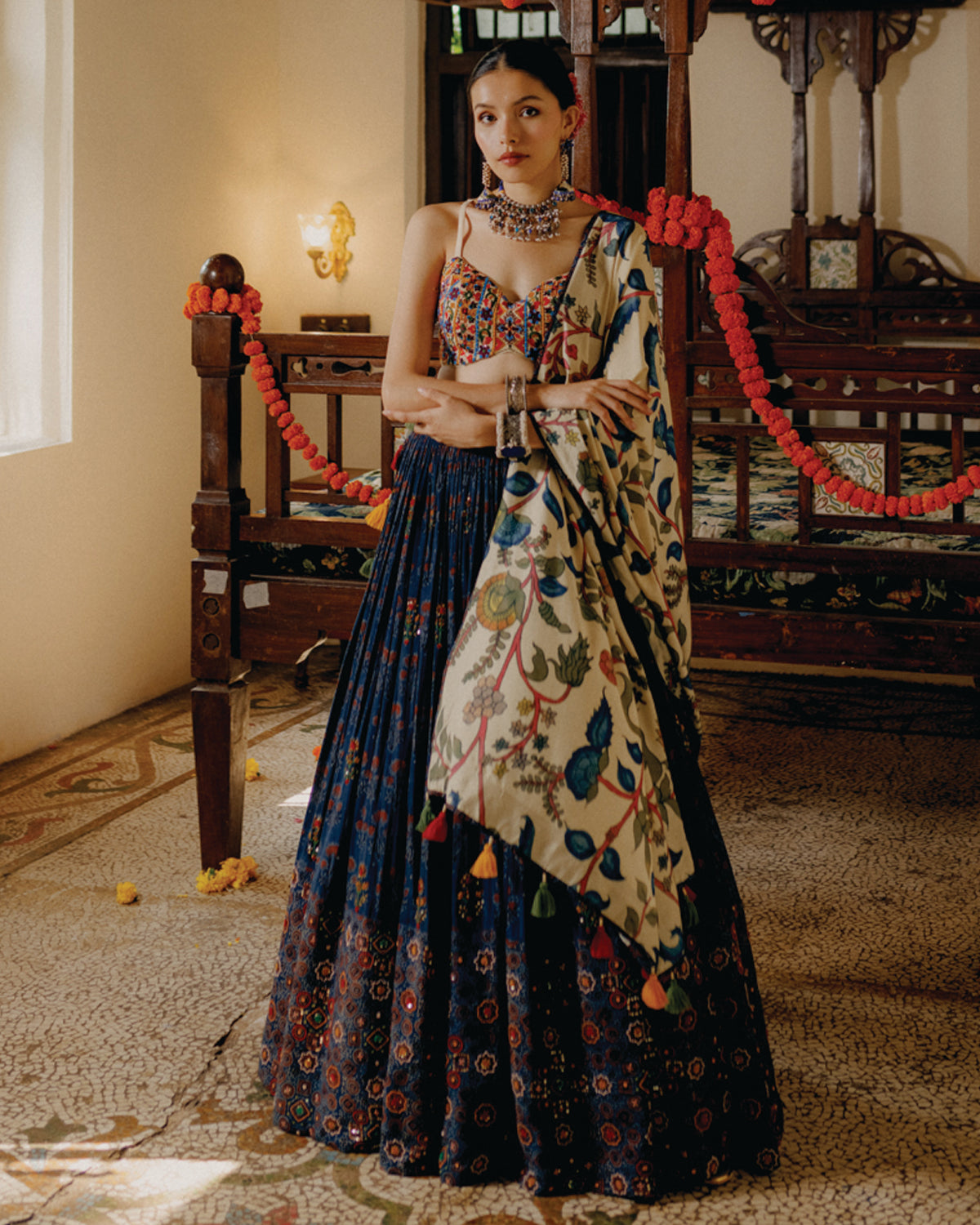 Blue And Beige Block Print Lehenga 