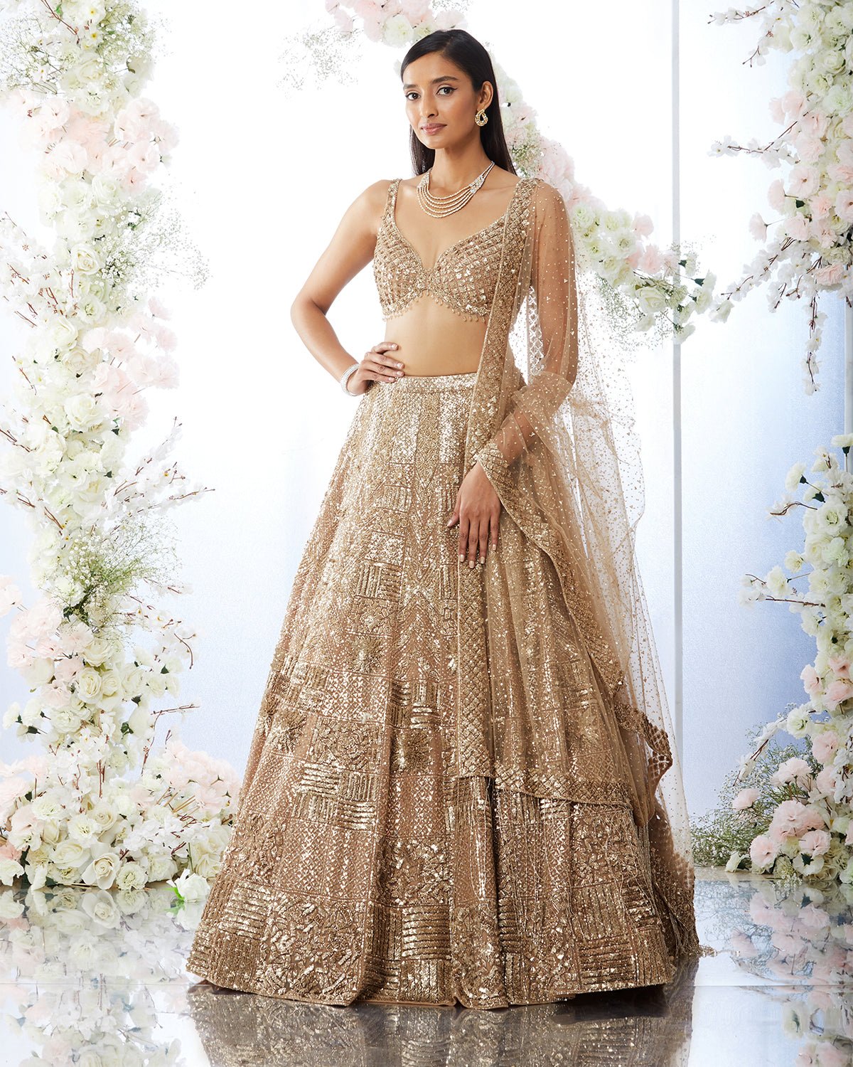 Biscotti Gold Sequin Lehenga by Seema Gujral at KYNAH