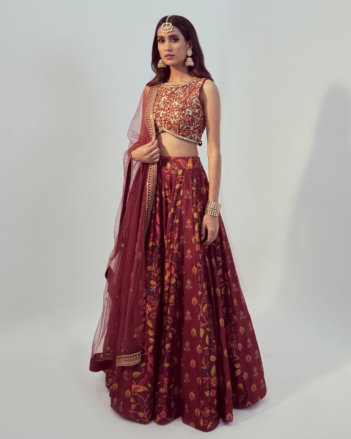 Maroon Floral Printed Lehenga Set by Drishti & Zahabia