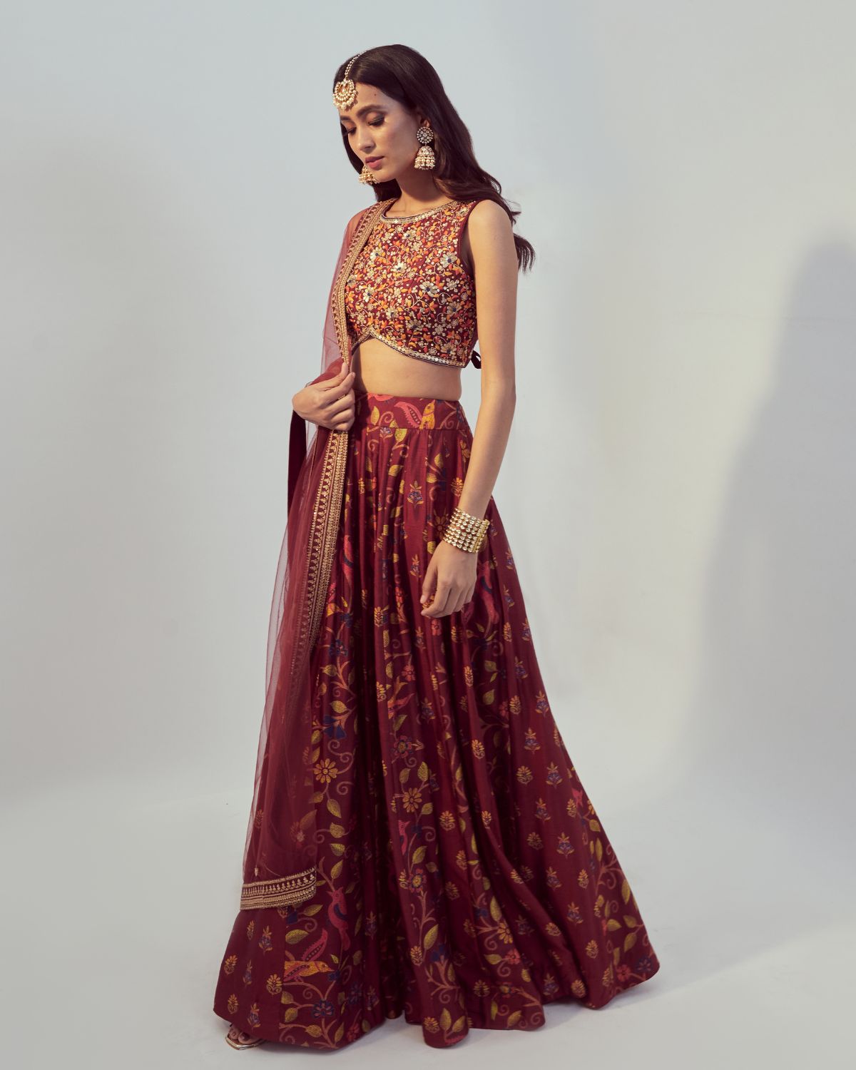 Maroon Floral Printed Lehenga Set by Drishti & Zahabia