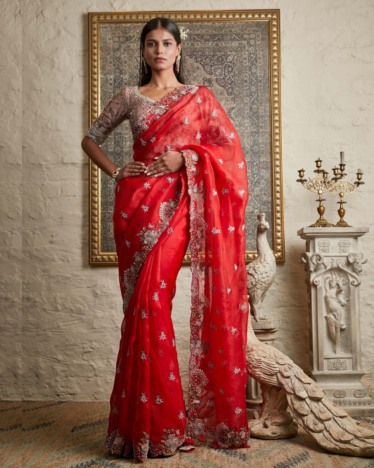 Red Silk Organza Sari With Blouse