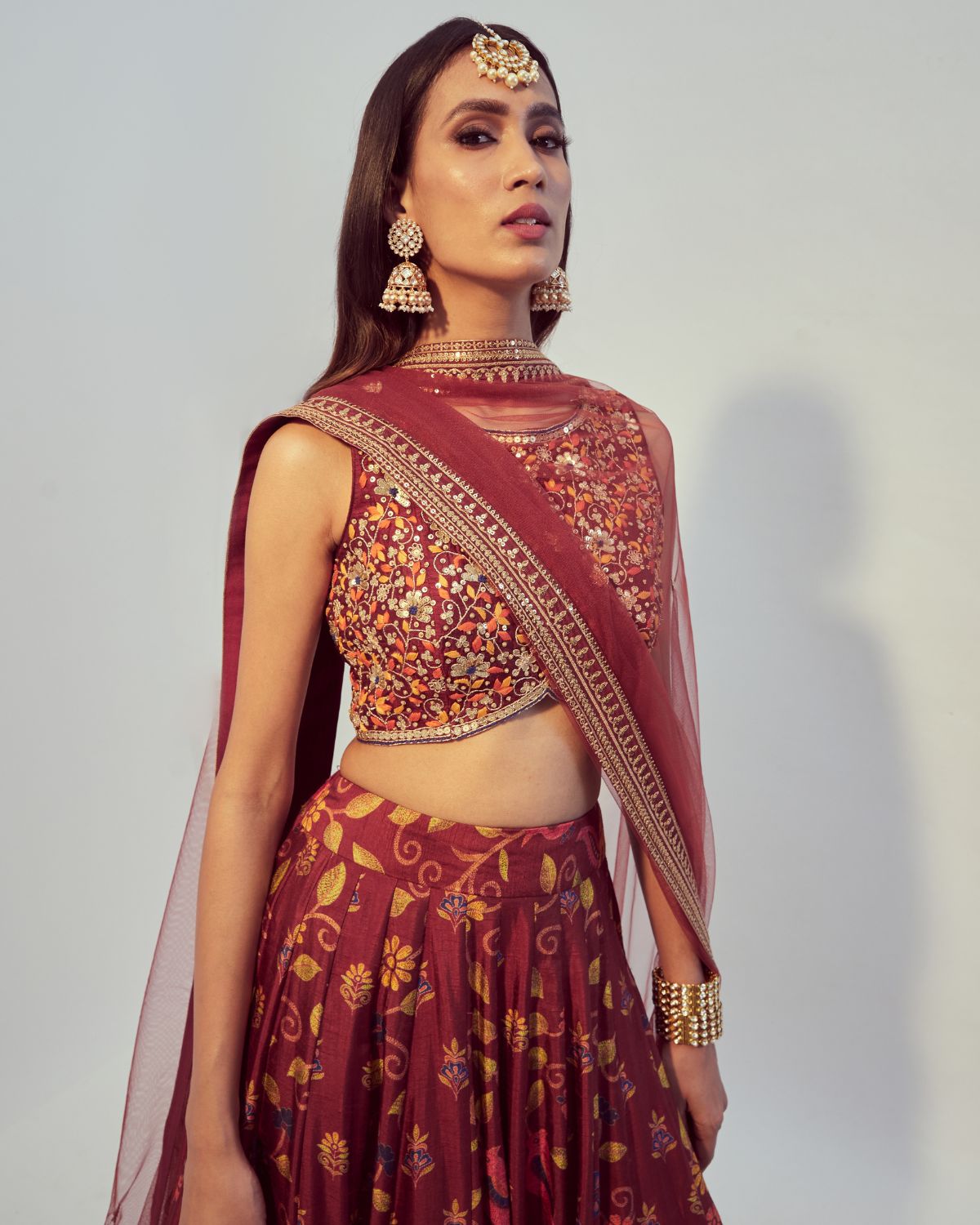 Maroon Floral Printed Lehenga Set by Drishti & Zahabia