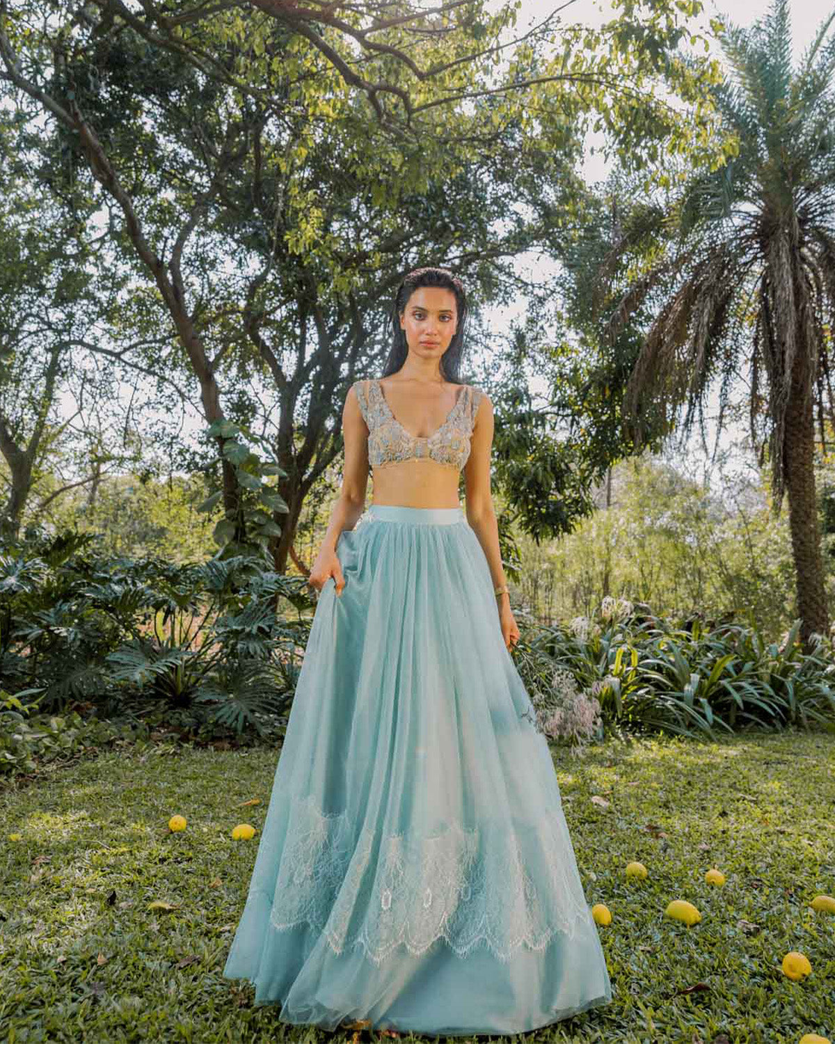 Baby Blue Lace and Flower Bralette Lehenga by The Little Black Bow