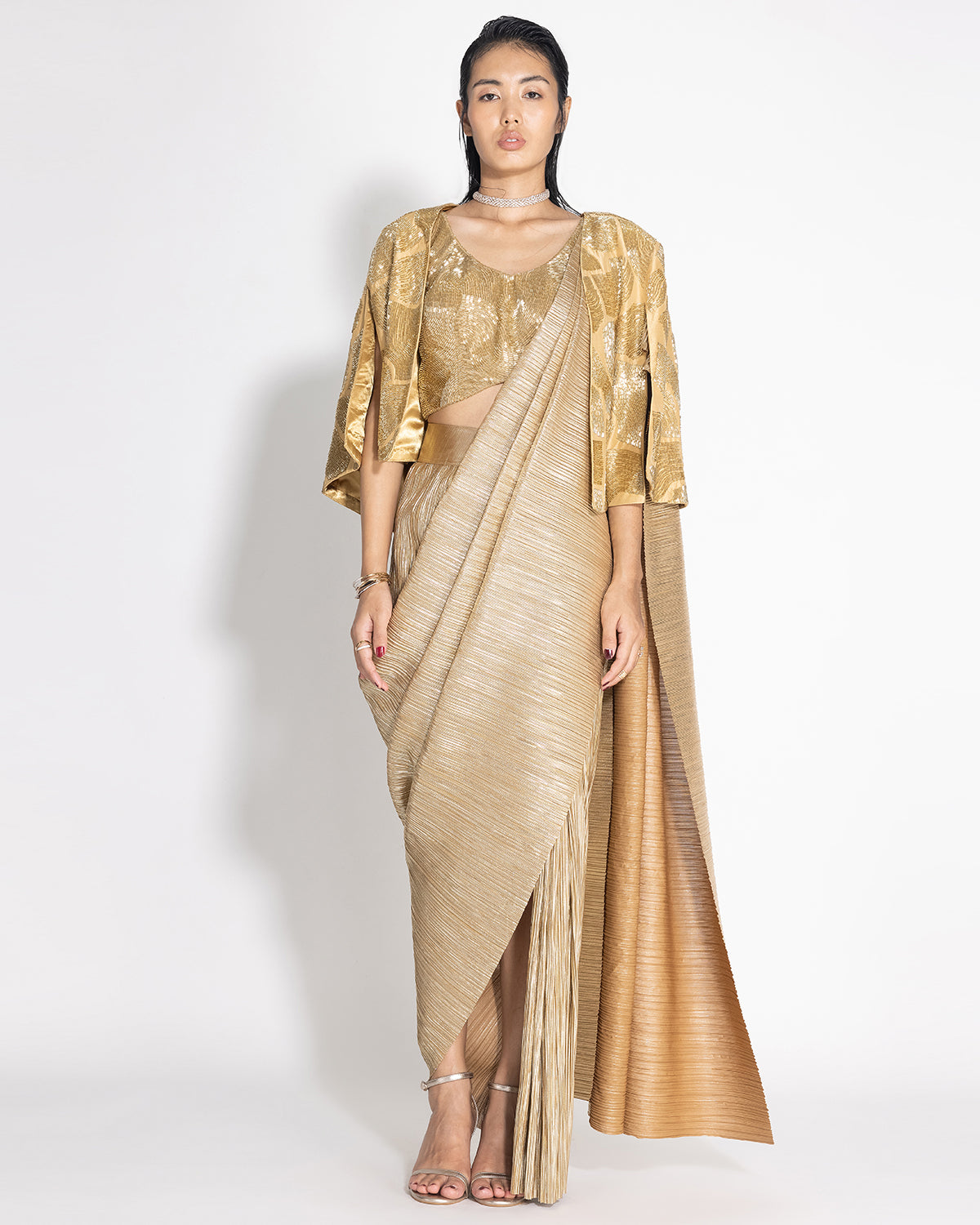 Metallic 2.0 Sari With Milkyway Crossover Top and Wave Cape